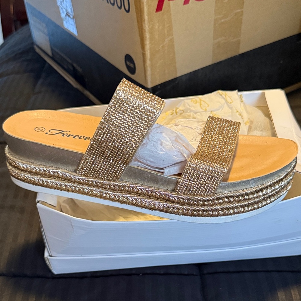 Forever Link Gold Rhinestone Platform Sandals-NEW